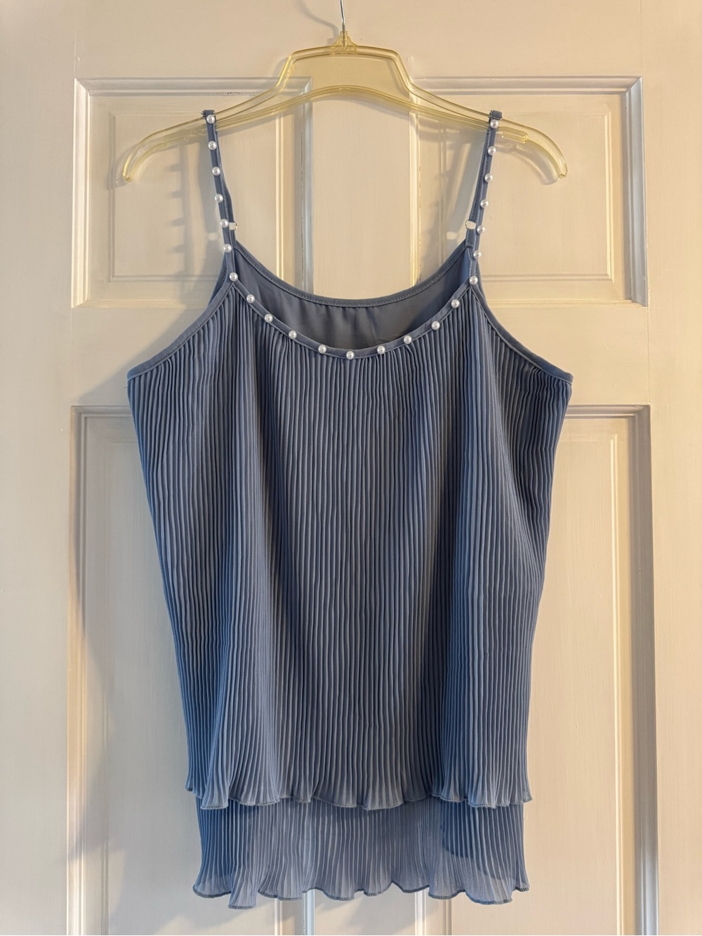 Pleated Blue Pearl-Trim Spaghetti Strap Top